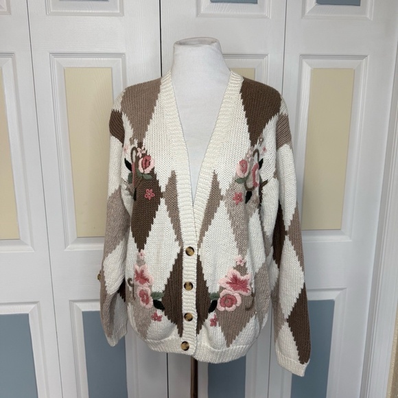 MILANO DESIGN GROUP Cardigan Womens Size M Argyle Floral Button Front Vintage - Picture 1 of 10